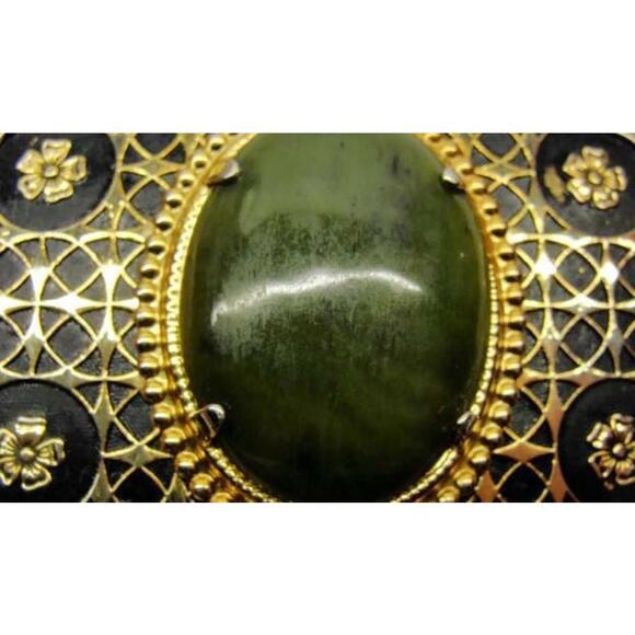 South Western Green Stone Black & Gold Tone Overlay Detailed Flower Belt Buckle - Picture 2 of 11